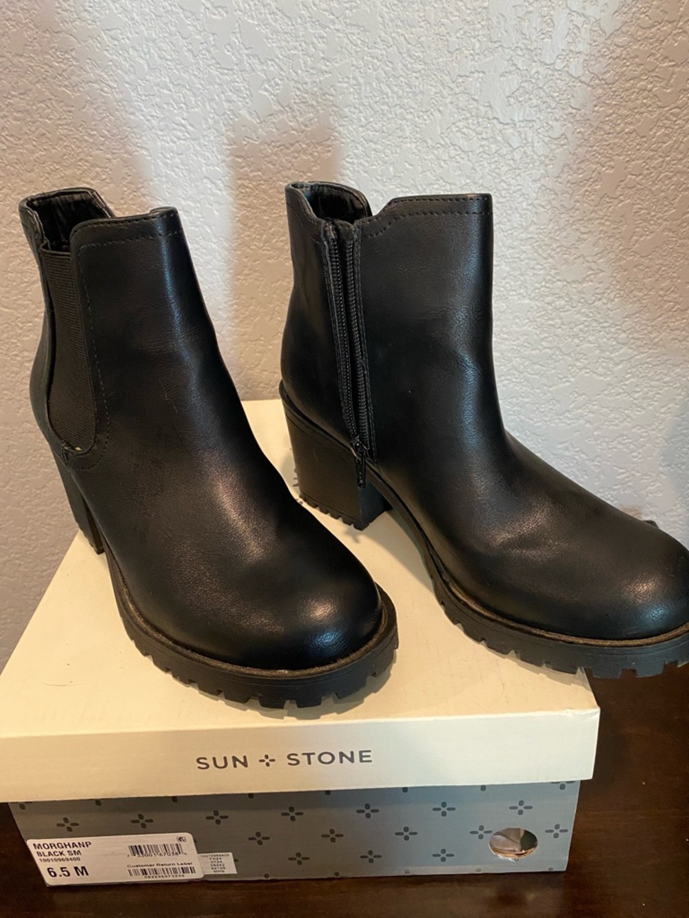 Sun + Stone Black Leather Side-Zip Lug Heel Ankle Boots